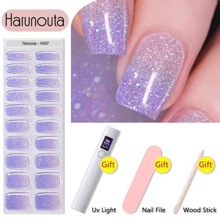 Harunouta 4 pièces/ensemble bandes d'ongles en Gel semi-durci avec sèche-ongles lime à ongles bâton en bois opale laiteuse brillant LED enveloppes durcies