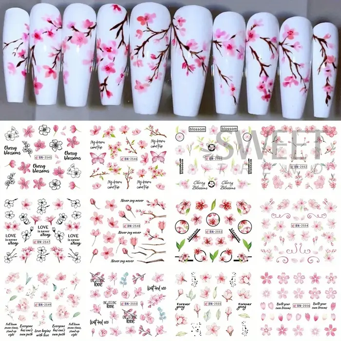 12 pièces rose fleur de cerisier eau curseurs d'ongles hiver nouvel an Sakura feuilles florales autocollants bricolage charme accessoires manucure décor