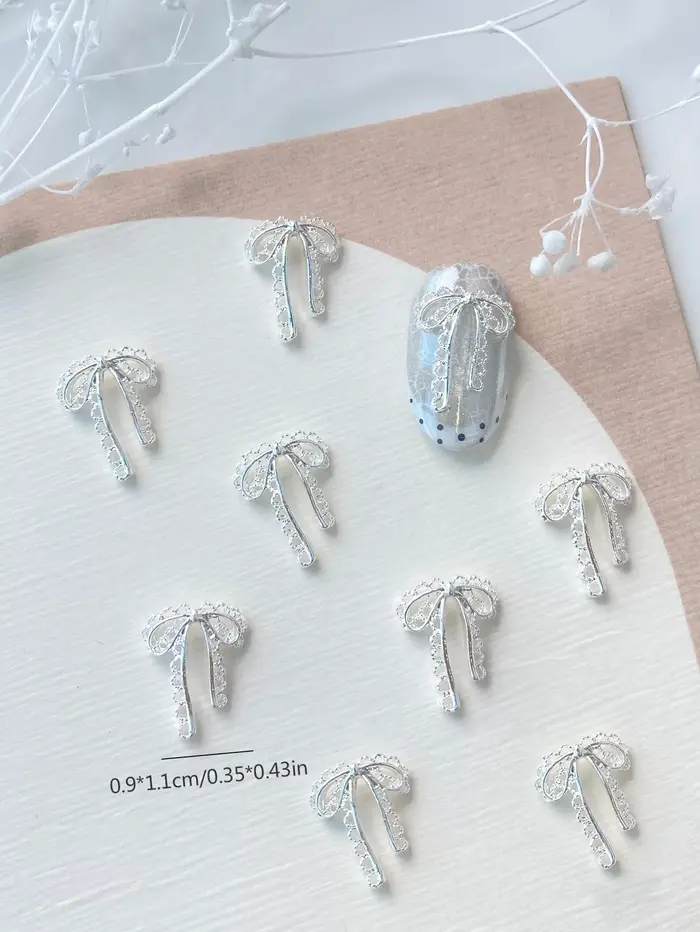 20 Pièces Breloques 3D en Métal Argenté Style Nœud Français pour Manucure