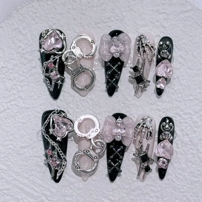 Shibuya Menhera Noir Rose Longue Pointe Faux Ongles Y2k Spice Girl Doux Cool Ongles Portables Faits 