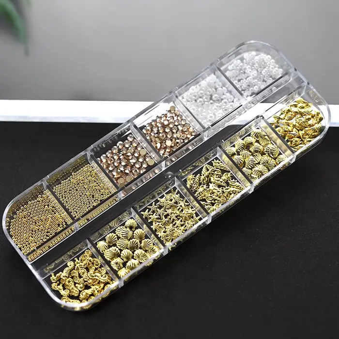 12 grilles 3D or océan Rivet breloques pour ongles mixte hippocampe/étoile de mer/perle de conque/Mi