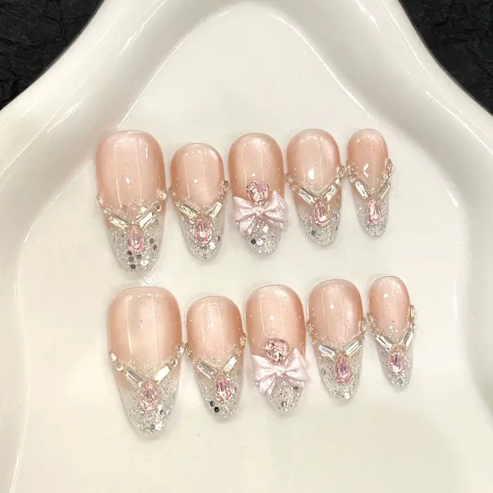 10 pièces à la main brillant diamant presse sur ongles paillettes rose arc décor faux ongles mariage