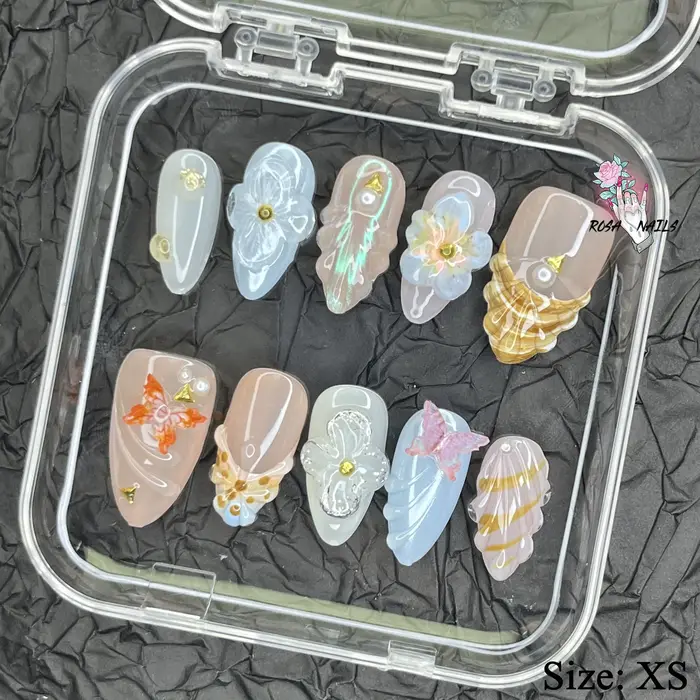 Tendance 3D Shell Nail Art été longue plage vacances ongles amande pointe française papillon 3d printemps fleur à la