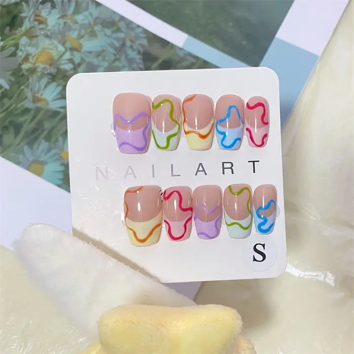 10 pièces à la main coloré français presse sur ongles Macarone Puzzle conception faux
