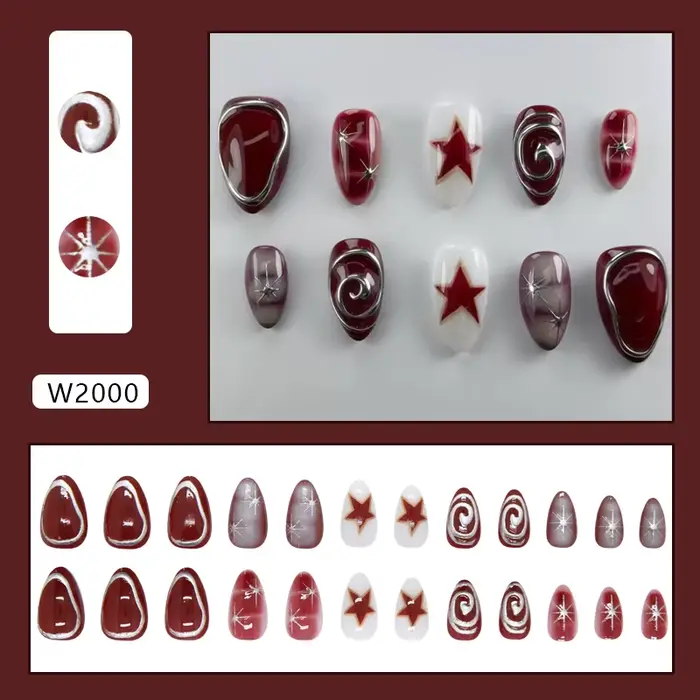 24 pièces rouge étoile imprimer faux ongles doux Cool court amande presse