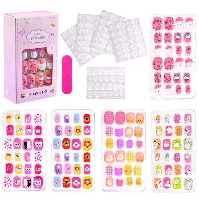 120 pièces/boîte dessin animé fille faux ongles conseils 5-12 ans mignon princesse chat/lapin/licorn