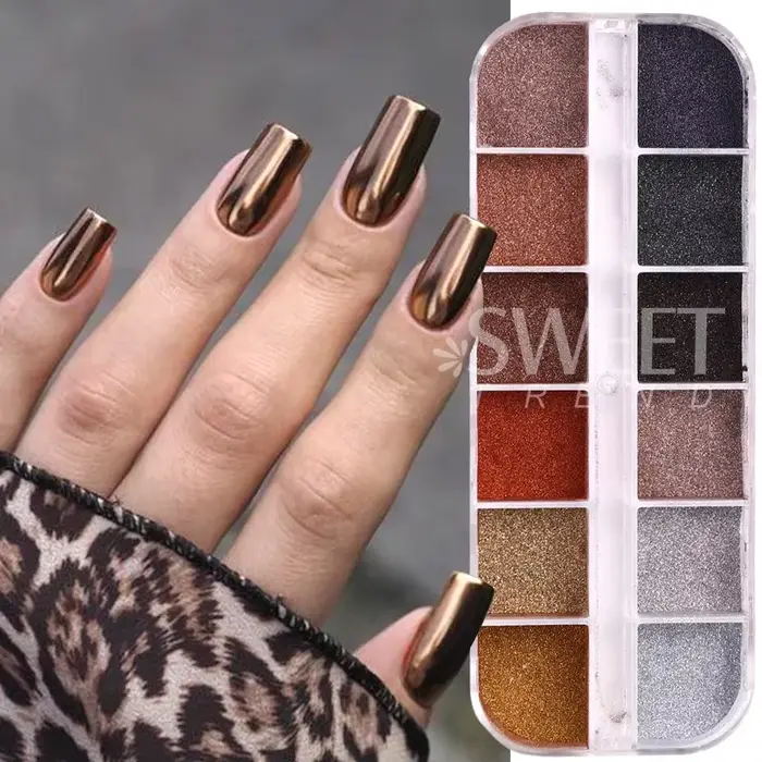 12 grilles automne hiver couleur foncé ongles paillettes Pigment miroir magique marron argent or frotter poudre Gel vernis poussière manucure décor