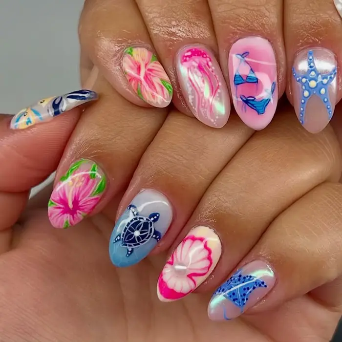 24 faux ongles à presser en amande, motif lotus vert estival, avec grenouille mignonne et fleurs fra