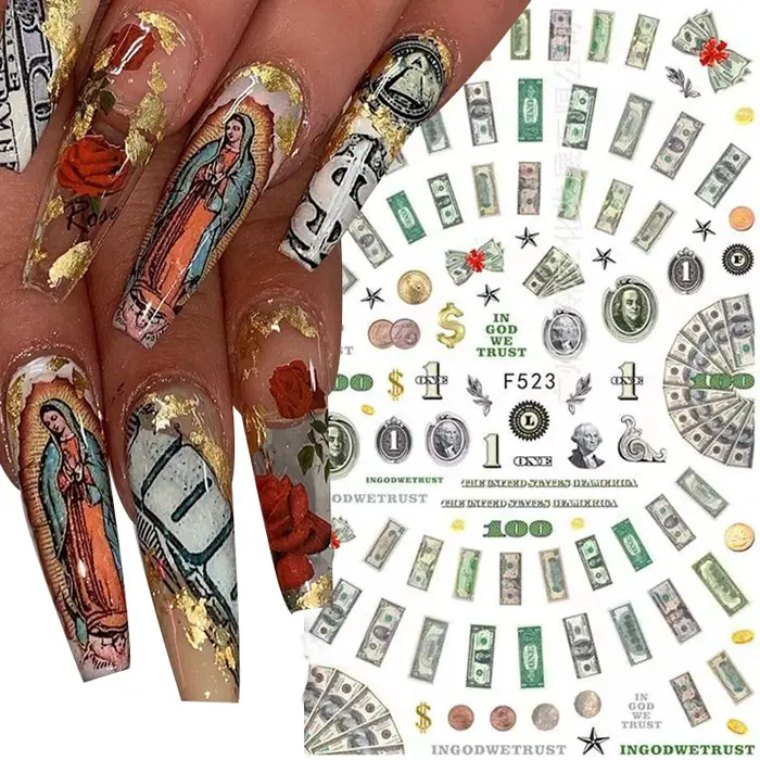 Autocollants 3D en forme de Dollar d'argent pour Nail Art, décalcomanies auto-adhésives de Style ric