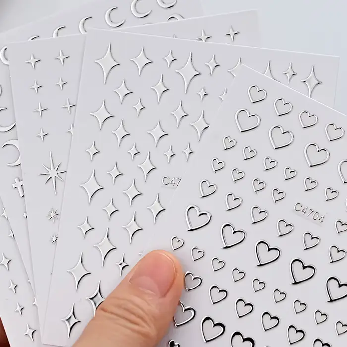Autocollants pour ongles en métal argenté, 6 feuilles, étoiles métalliques 3D, autocollants pour Nai