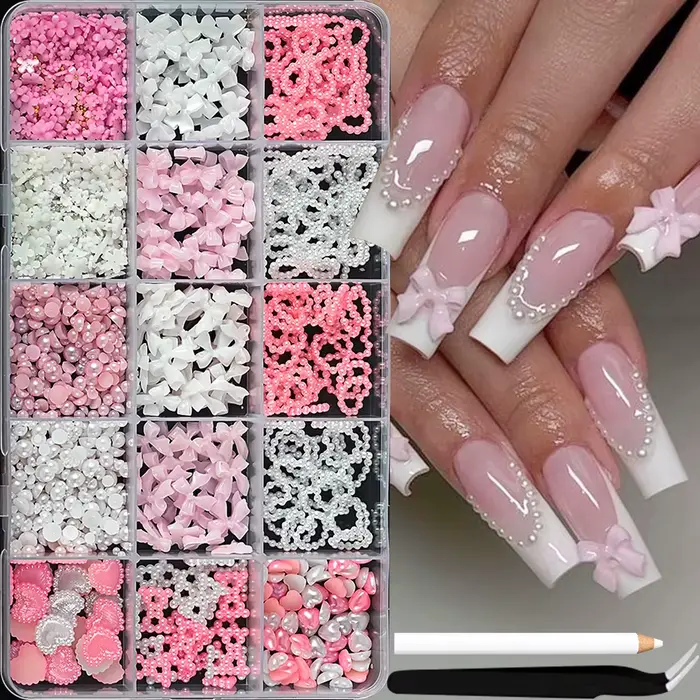 1 boîte rose blanc série arc coeur breloques pour ongles 3D acrylique Nail Art décorations perle 5 p