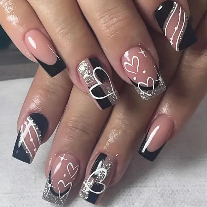 CuemployPusher-Faux ongles à paillettes argentées carrées noires