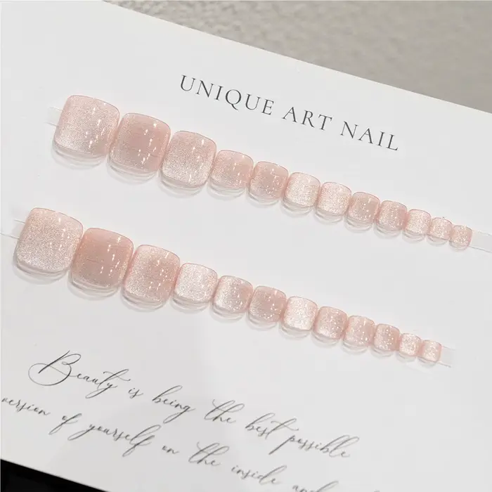 24 pièces/boîte Faux ongles pour les orteils effet yeux de chat rose scintillant