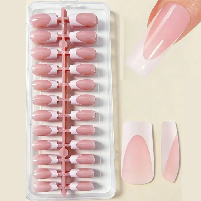 120 faux ongles carrés français en acrylique rose clair et blanc