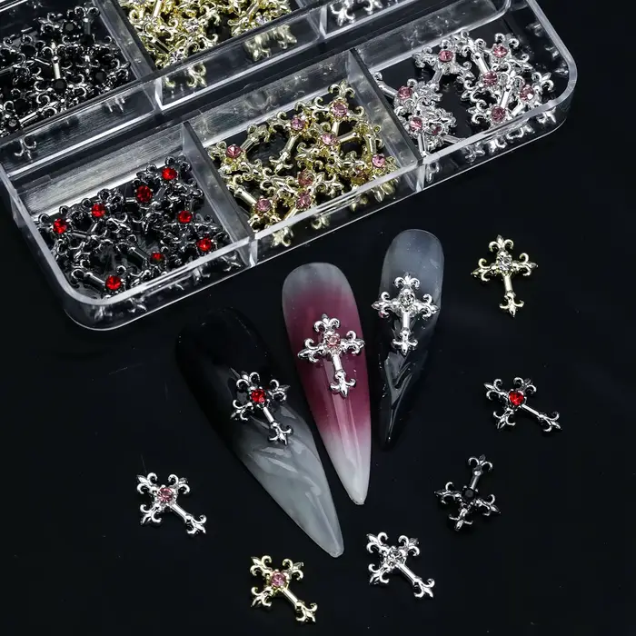 Strass en alliage rétro intégrés en zircon pour nail art, croix 3d Y2K, style gothique punk en métal