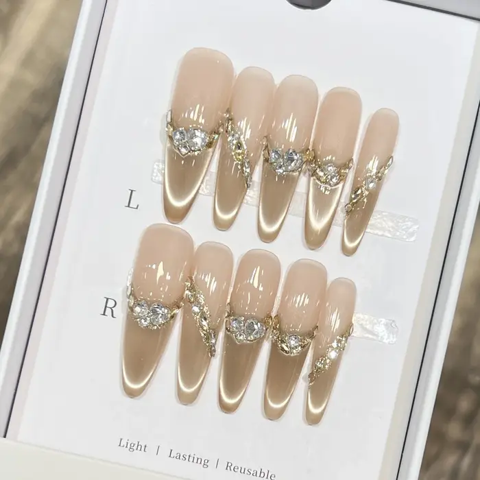 10 pièces yeux de chat français faux ongles bricolage à la main strass