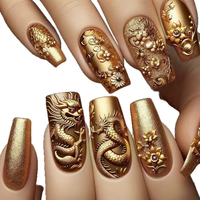 Faux ongles à pression avec motifs de dragon embout Él ballerine moyenne longue couleur or N64 N64