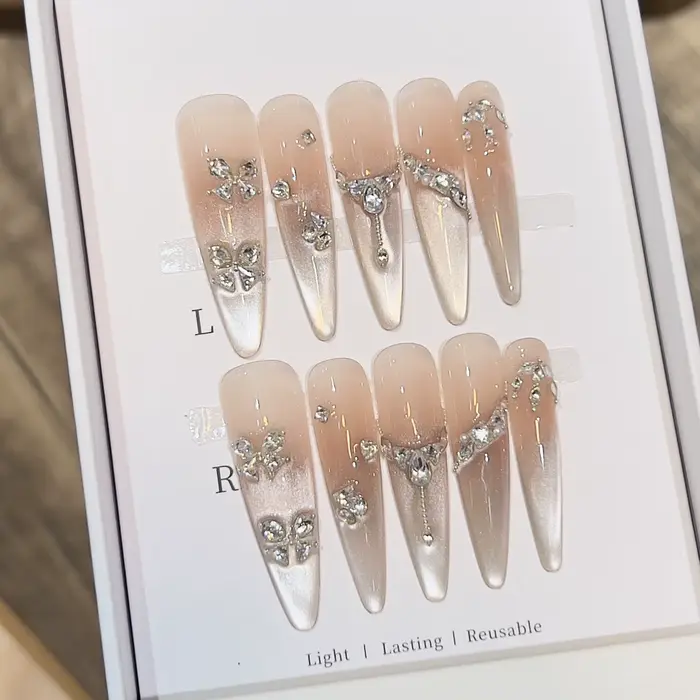 10 pièces yeux de chat français faux ongles bricolage à la main strass
