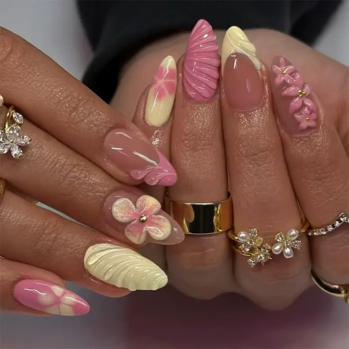 24 pièces amande faux ongles conseils été plage ongles colorés ensembles avec perle fleur conception