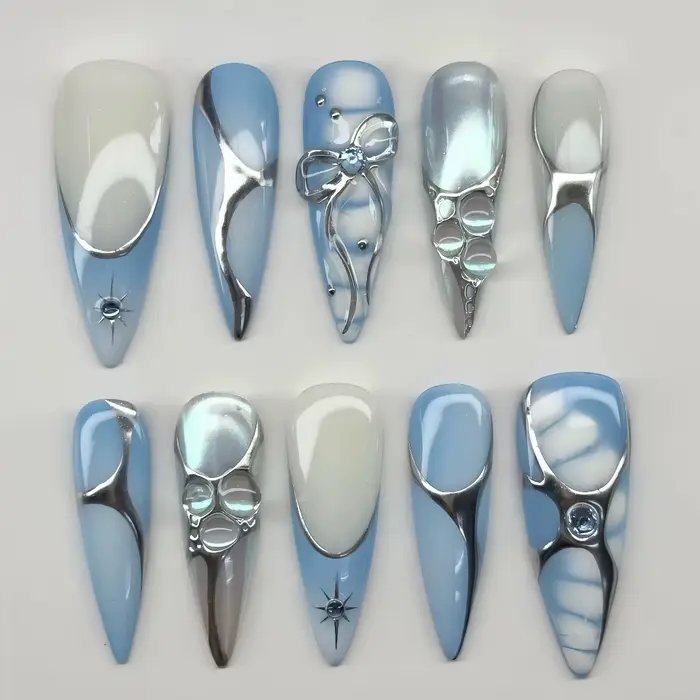 10 faux ongles bleus à presser avec strass, longs en acrylique, forme amande, pour filles stylées