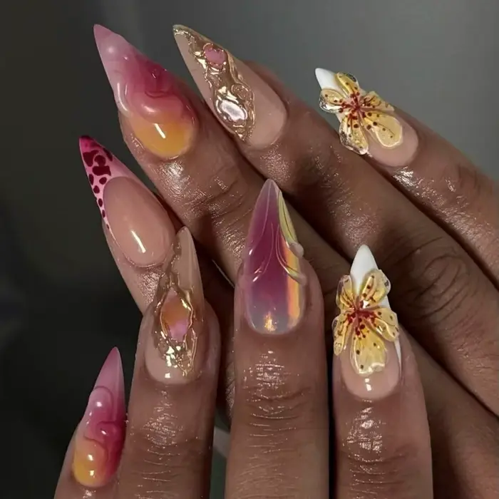 24 pièces faux ongles avec colle amande noir rouge dégradé conception détachable strass acrylique