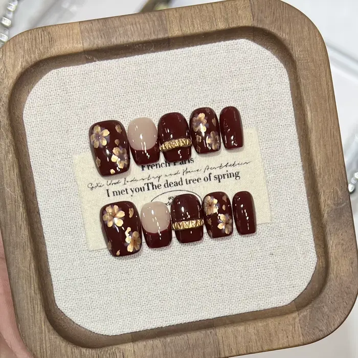 10 pièces de luxe or Floral faux ongles peint à la main vieille argent Style réutilisable