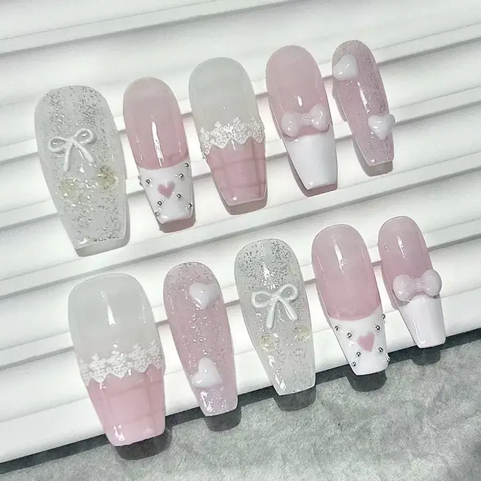 Arc Rose Amour Dentelle Français Nail Art Rose Blanc Mignon Cerise Fait à la main Faux Ongles Long F