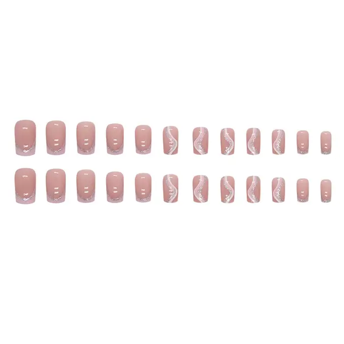 Rayures blanches 24 pièces presse sur ongles rose dégradé faux