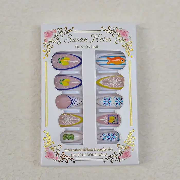 24 faux ongles français mignons à presser, motif citron, pour l'été, taille moyenne, en amande, pour
