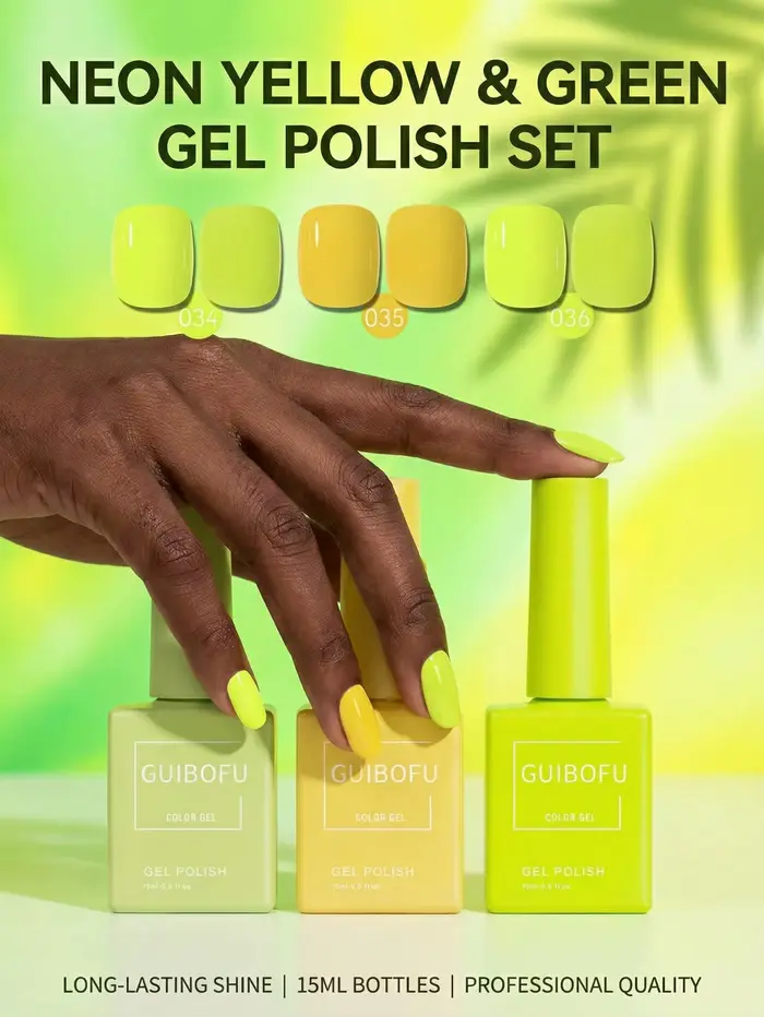 Lot de 3 vernis gel 15 ml vert néon jaune, couleur citron fluorescent, nuances vives et lumineuses,