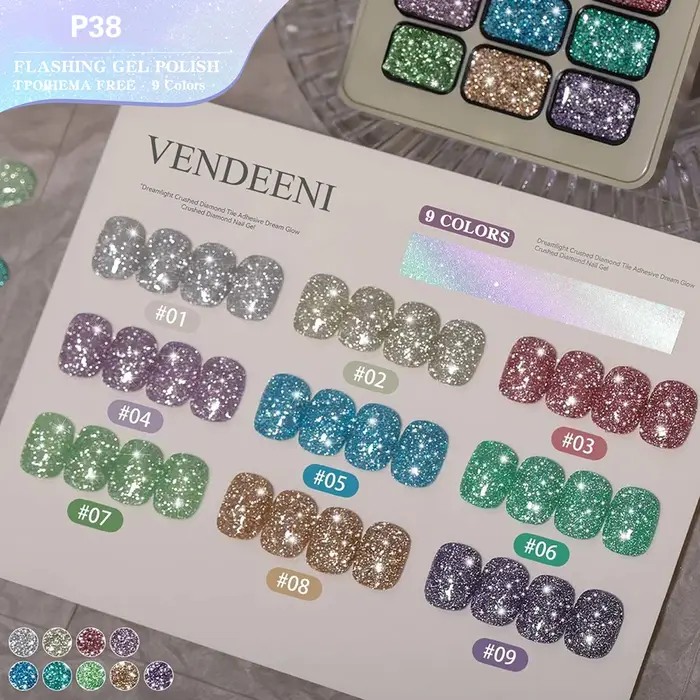 Vendeeni Vernis à ongles gel effet diamant brisé 9 couleurs, vernis gel or et argent, paillettes fines, palette de vernis gel