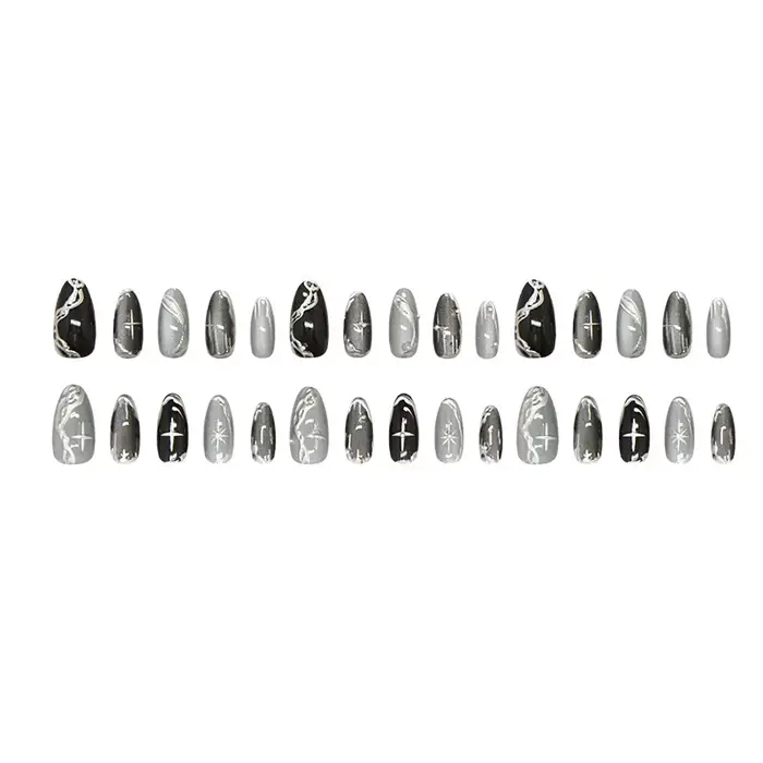 24 faux ongles noirs Y2K longs avec design tête d'amande