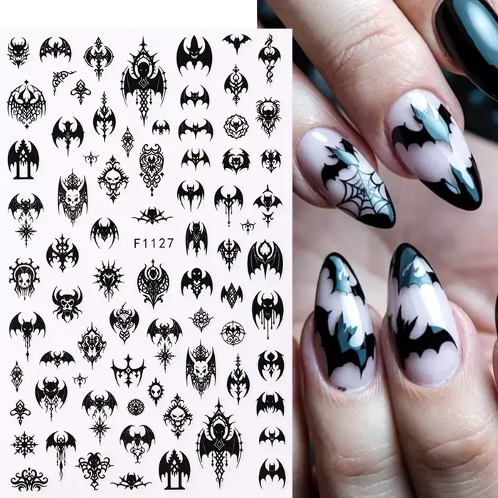 Autocollant gothique noir pour ongles, modèles élégants de mariage, feuilles adhésives effrayantes p