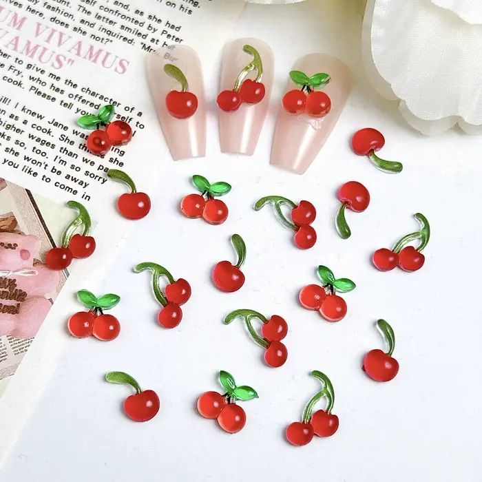 20 pièces 3D créatif simulé cerise ongles breloques glace Transparent rouge