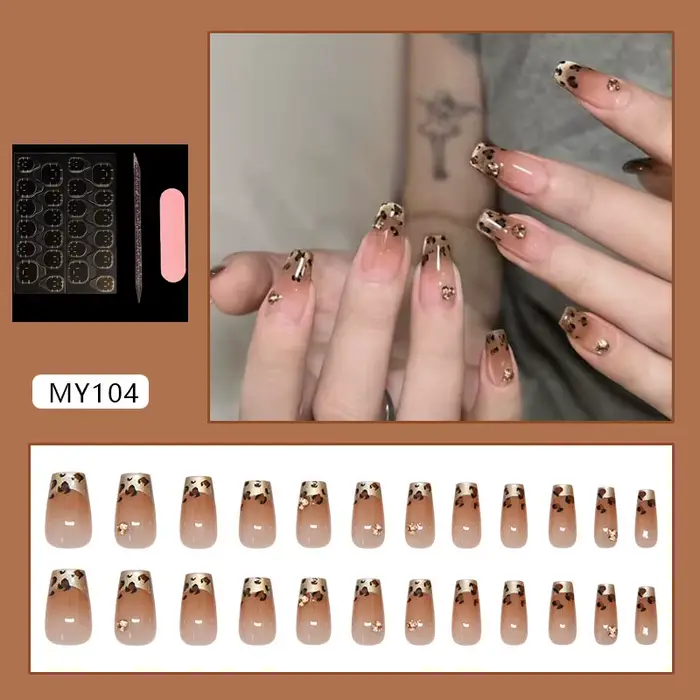 Faux ongles longs à presser, forme cercueil, nude, effet œil de chat, imprimé léopard, style françai