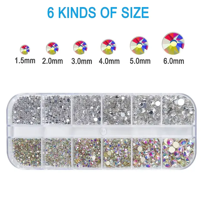 Kit de strass pour Nail Art, pierres précieuses en verre AB à dos plat, avec 1 boîte d'organisation 