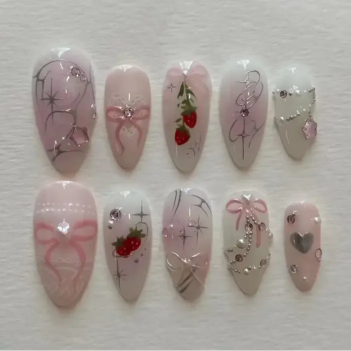 24 pièces rose amande faux ongles papillon Ballet avec Design français faux ongles portables Simple