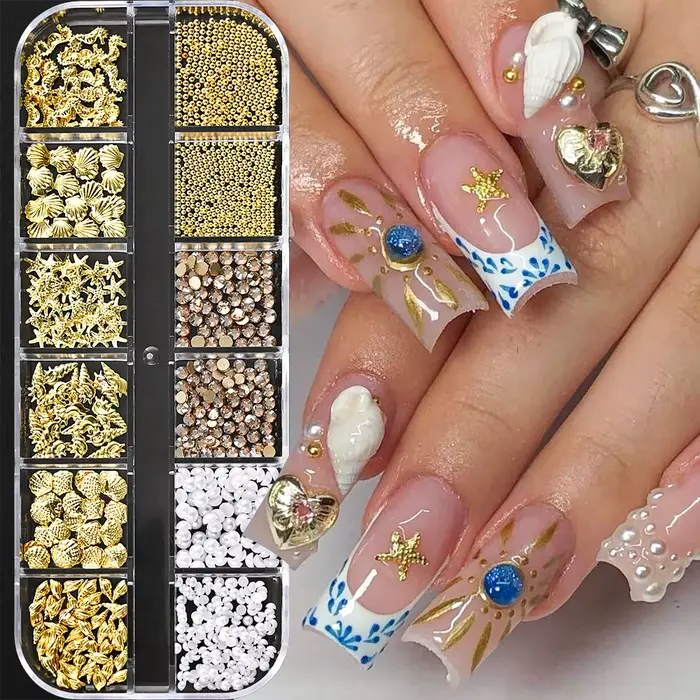 12 grilles océan or Nail Art breloques coquille/hippocampe/étoile de mer blanc demi-rond perle gemme
