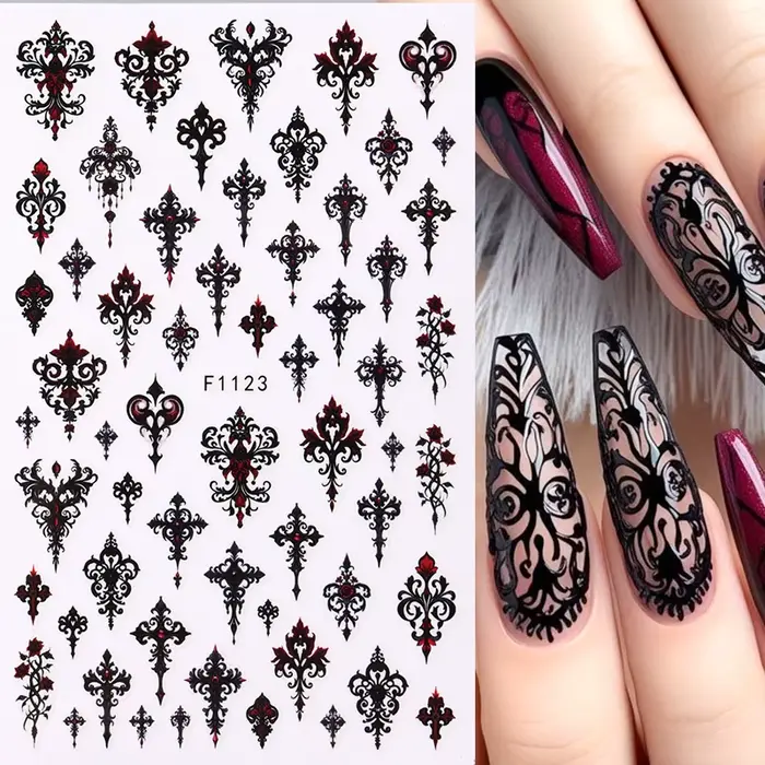 Autocollant gothique noir pour ongles, modèles élégants de mariage, feuilles adhésives effrayantes p