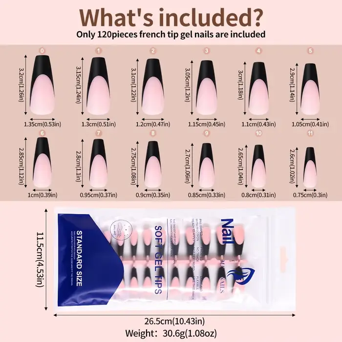 Faux-ongles en Gel français noir, 120 pièces, longs cercueil mats, à pression, 12 tailles, pré-durab