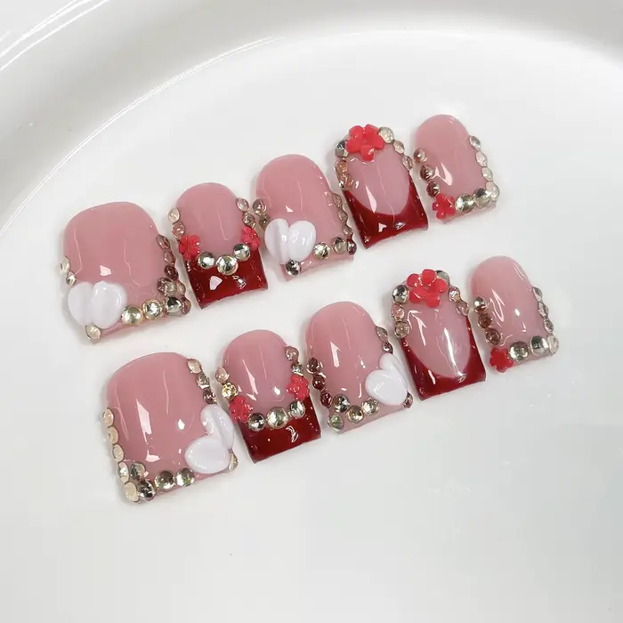 10 pièces cercueil court fait à la main presse sur les ongles avec sculpture 3d fleur conception fau