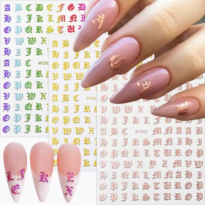 3D paillettes gothique lettre Design Nail Art autocollants majuscules Alphabet lettres conceptions a
