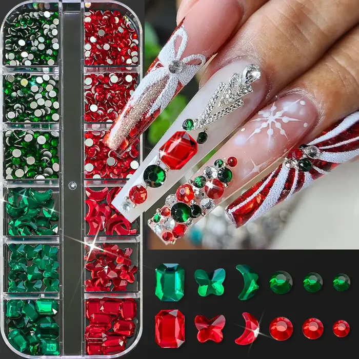 12 grilles 3D noël rouge forme aléatoire Nail Art strass verre scintillant Flatback diamant