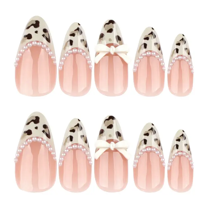 24 pièces café clair Style français presse sur ongles imprimé léopard amande épicé fille faux