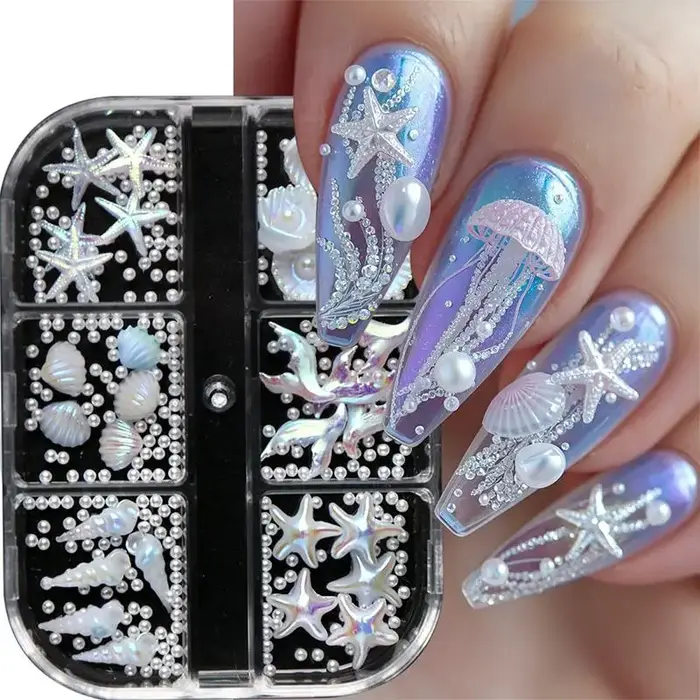 Breloques pour ongles DIY, 6 panneaux, coquillages nacrés, étoiles de mer blanches, design perlé, dé