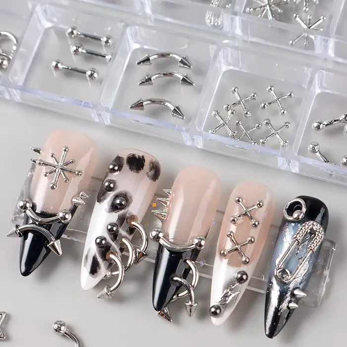 12 grilles Goth Punk ongles breloques goujons Y2K Piercing conceptions métallique argenté
