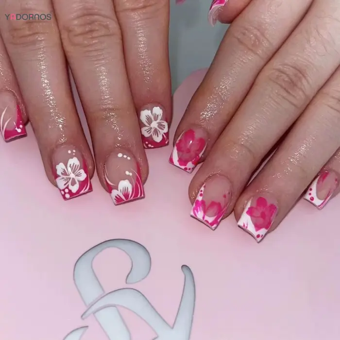 24 pièces fée fleur blanche faux ongles rose pointe française presse sur ongles court carré portable