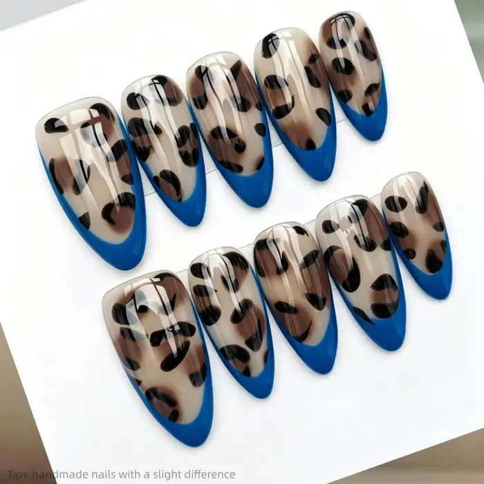 10 faux ongles à presser faits main, motif léopard français bleu, forme amande longue, tendance, bri
