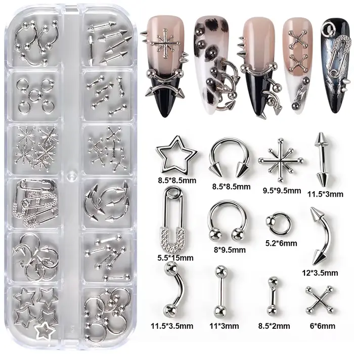 12 grilles Goth Punk ongles breloques goujons Y2K Piercing conceptions métallique argenté ongles Art