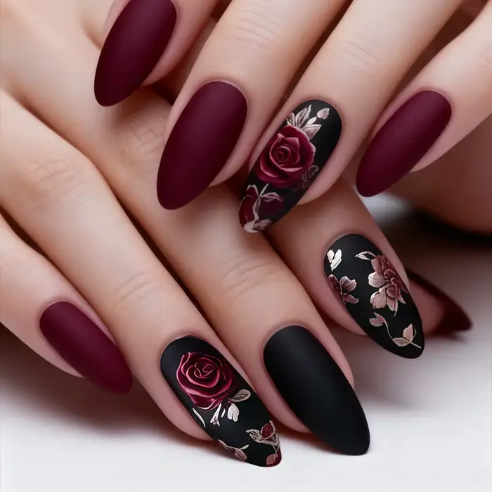 Faux ongles moyens pour femmes et filles, rouge vin mat, forme amande, avec fleurs roses, ensemble d